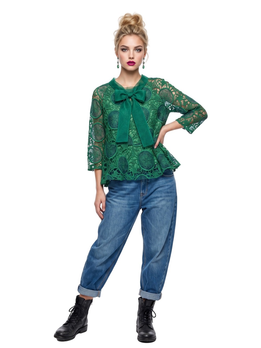 MISSLOOK Emerald Green Lace BoatNeck Long sleeve Top A Line Bow Swingy MED - Picture 15 of 15